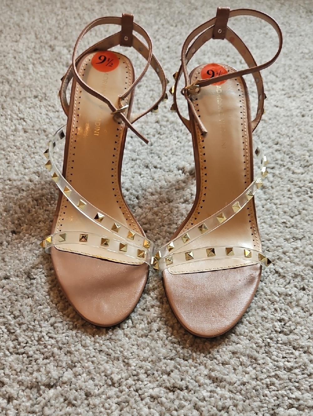 Adrienne Vittadini Tan Studded Ankle-Strap Heels | 9.5